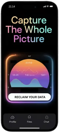A mockup of a mobile app, the text 'Capture The Whole Picture' is visible above a chart, and below that is a button for 'Reclaim Your Data'.